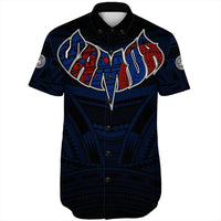 Unisex short-sleeve button-up Polynesian shirt, navy with red/blue crest graphic