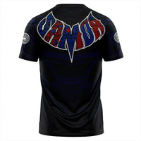 Black T-shirt back view with Polynesian-style tribal graphic across the upper back
