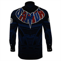 Back view: black long-sleeve button shirt with blue/red Polynesian crest and stripes