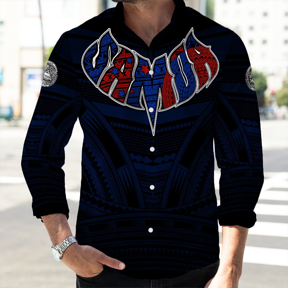 Long-sleeve button shirt, black with blue/red Polynesian chest emblem