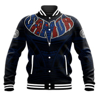 Black varsity baseball jacket with red/blue tribal graphic, snap front, striped ribbed hem