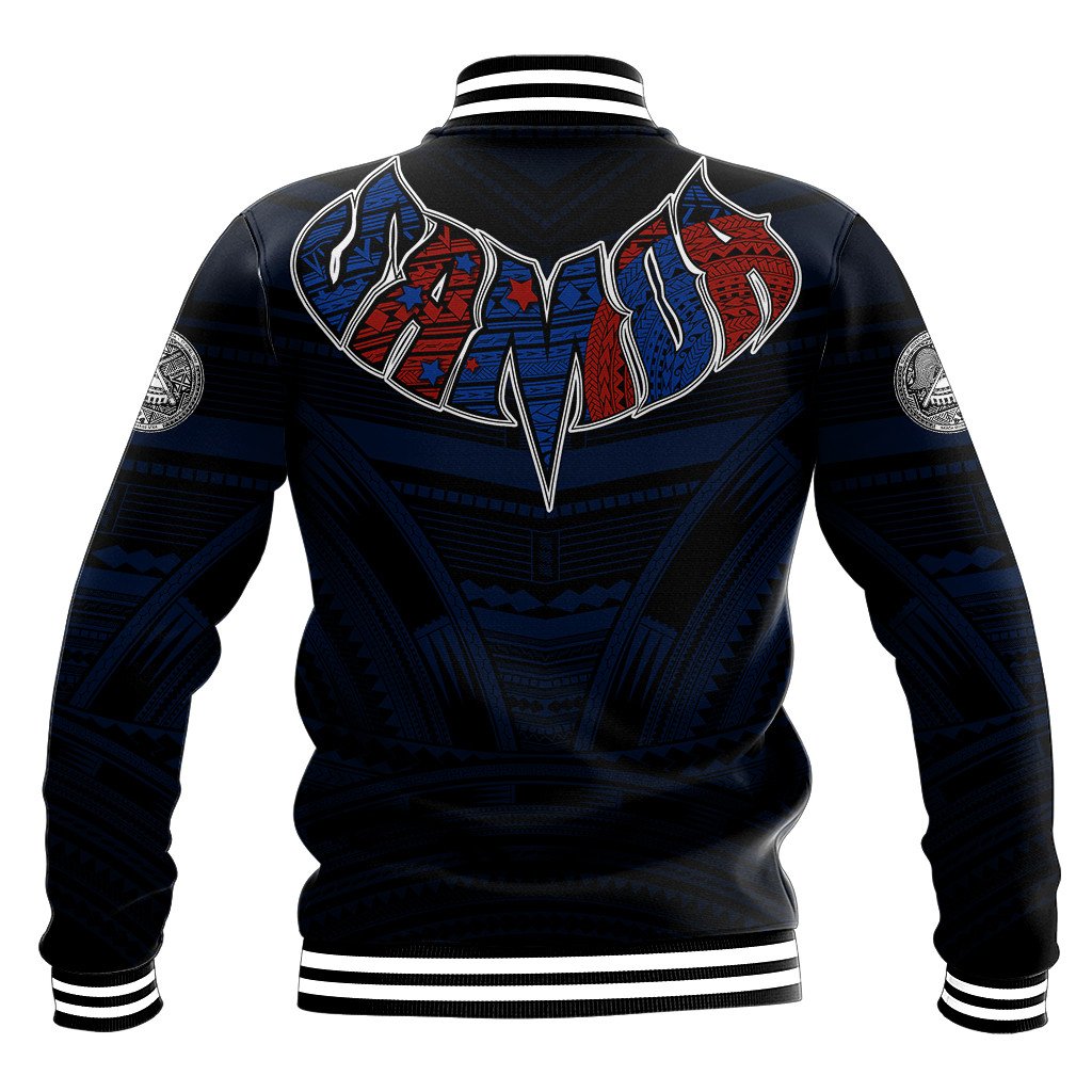 Black baseball jacket back with large red/blue tribal print, ribbed collar and striped cuffs