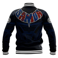 Black baseball jacket back with large red/blue tribal print, ribbed collar and striped cuffs