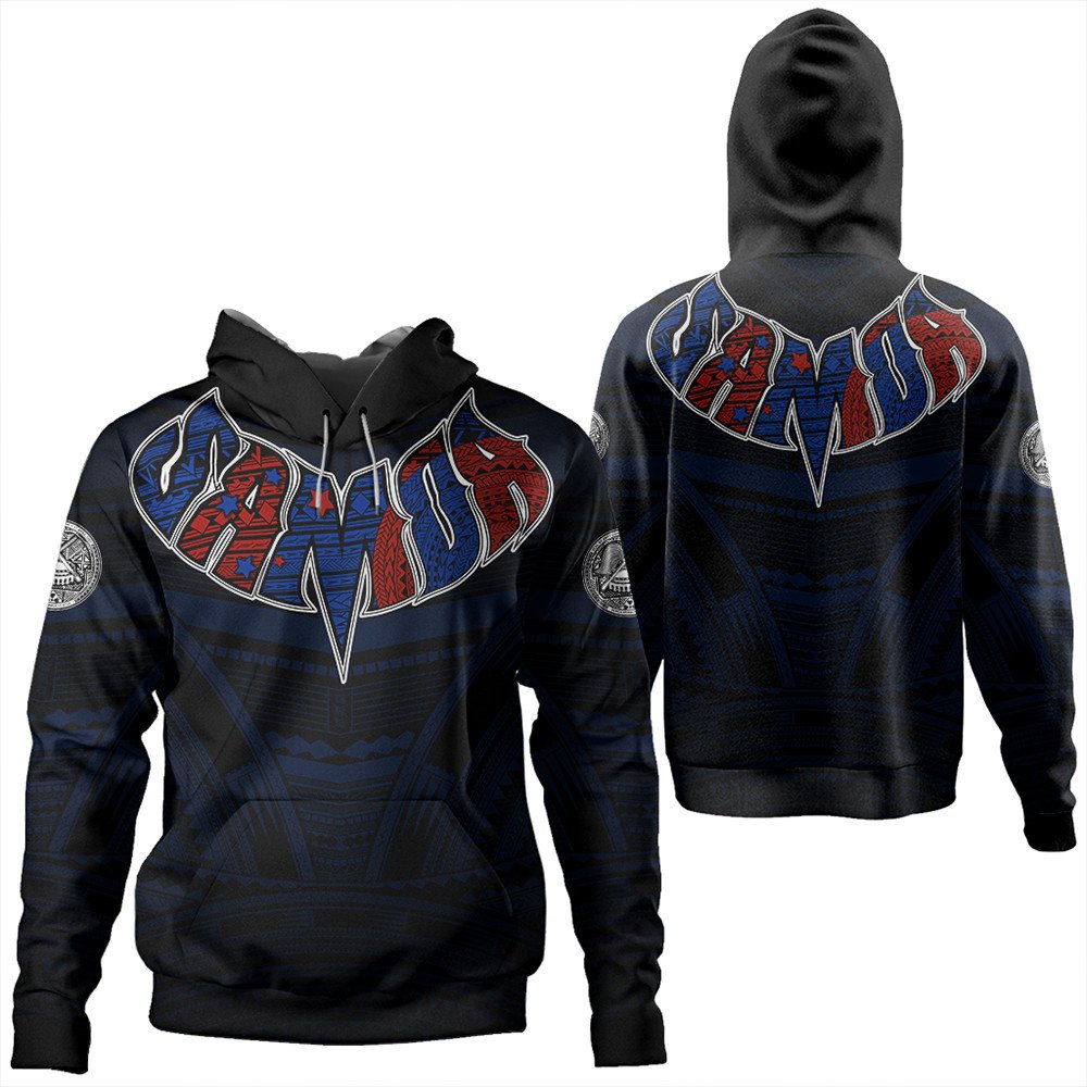 Black pullover hoodie front and back views, tribal crest graphic