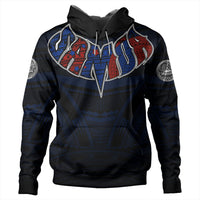 Black pullover hoodie with blue-and-red tribal crest graphic across chest