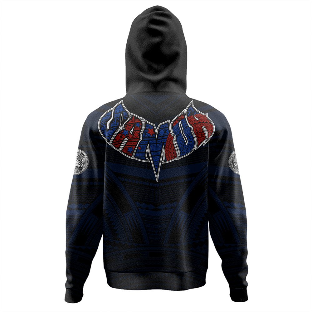 Black pullover hoodie with large back graphic in blue, red, and white