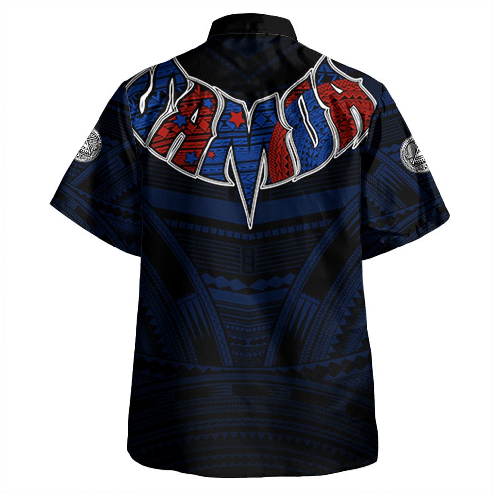 Black short-sleeve button-up with blue tribal panel graphic across back