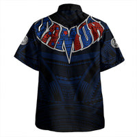 Black short-sleeve button-up with blue tribal panel graphic across back