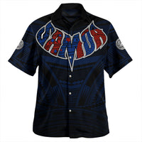 Black short-sleeve button-up with blue and red tribal chest graphic