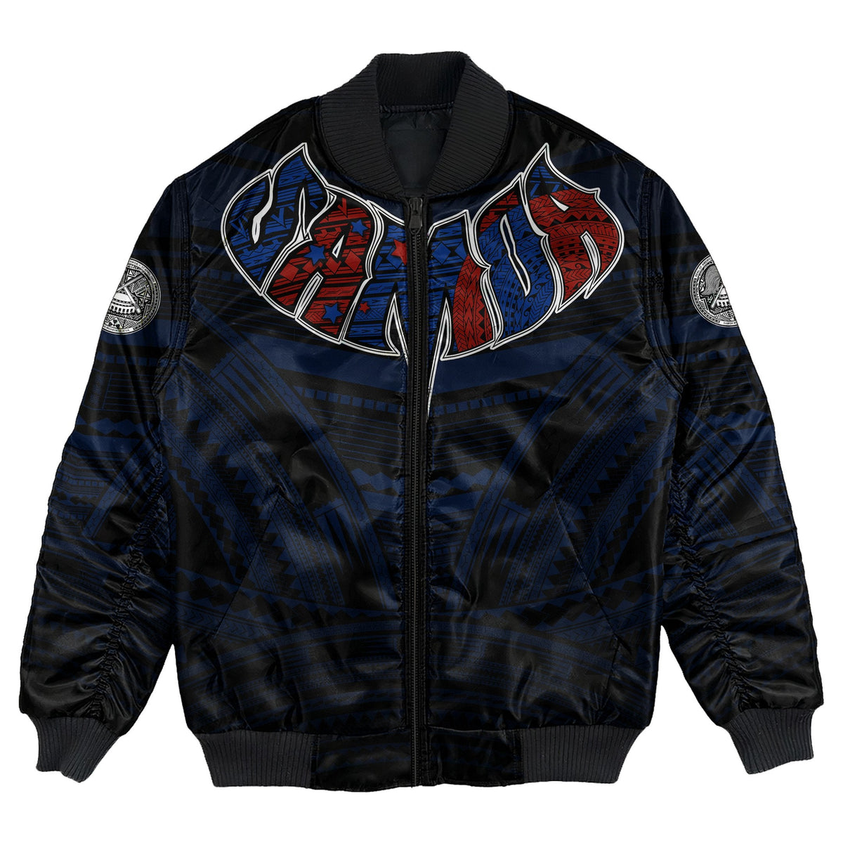 Polynesian bomber jacket front: full-zip, ribbed collar, blue/red tribal graphic