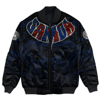 Polynesian bomber jacket front: full-zip, ribbed collar, blue/red tribal graphic