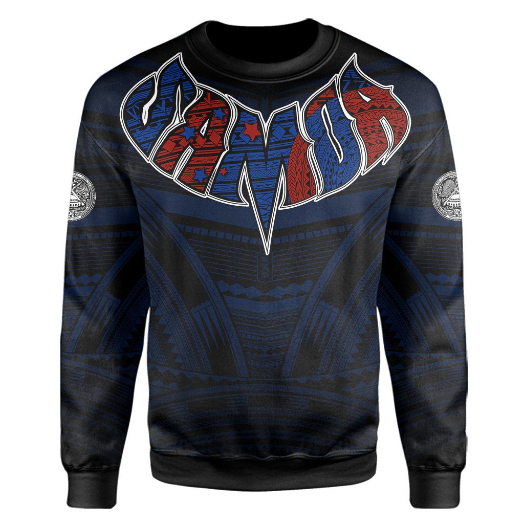 Black crewneck sweatshirt with Polynesian-style graphic in blue and red across chest