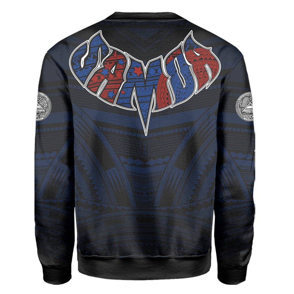 Back view black crewneck sweatshirt with large blue and red Polynesian graphic and emblem