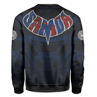 Back view black crewneck sweatshirt with large blue and red Polynesian graphic and emblem