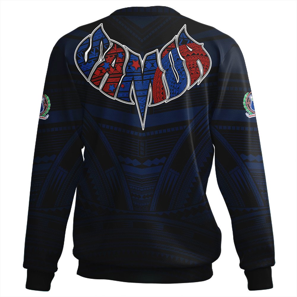 Black crewneck sweatshirt, back view with tribal patterned print and large central emblem