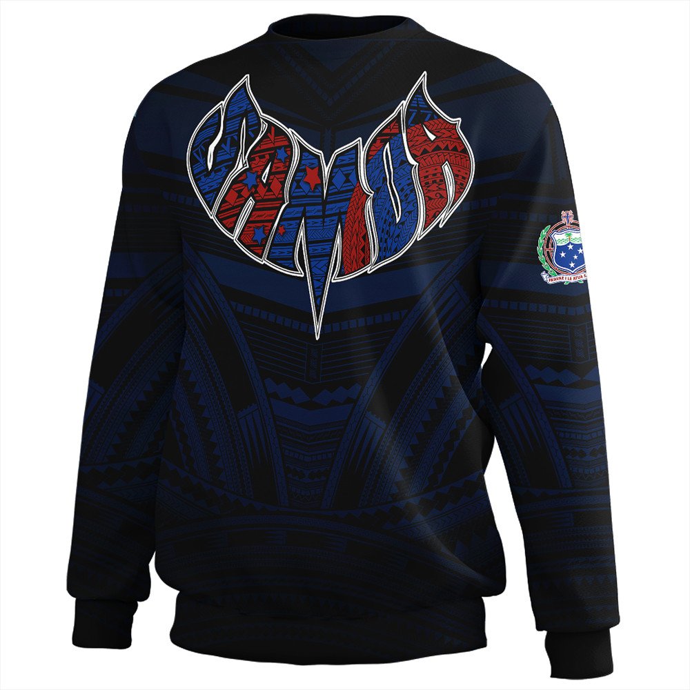 Black crewneck sweatshirt with bold blue/red Polynesian graphic and arm emblem patches