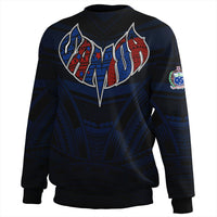 Black crewneck sweatshirt with bold blue/red Polynesian graphic and arm emblem patches