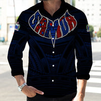 Black long-sleeve button shirt with Polynesian Samoa tribal graphic on chest