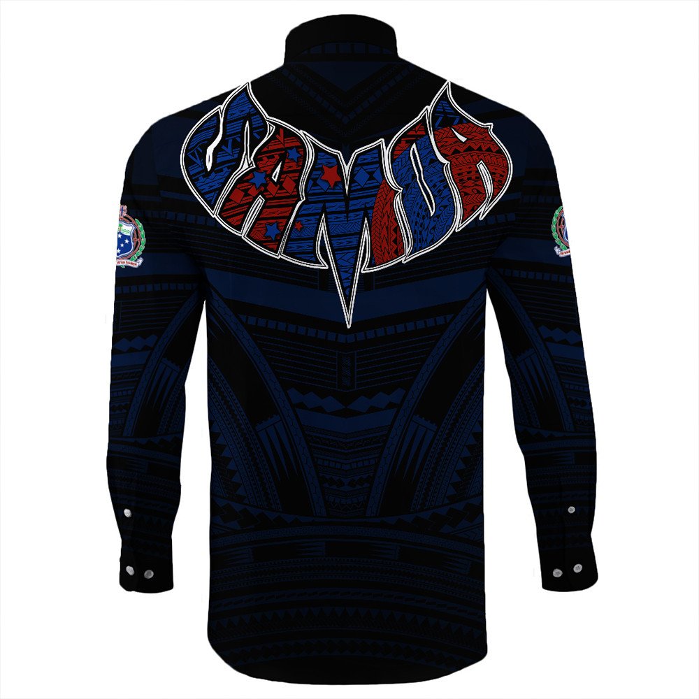 Black long-sleeve button shirt, back view, Polynesian Samoa tribal pattern and large crest