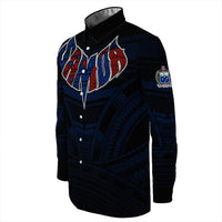 Black long-sleeve button shirt, side view, chest crest with patterned sleeve bands