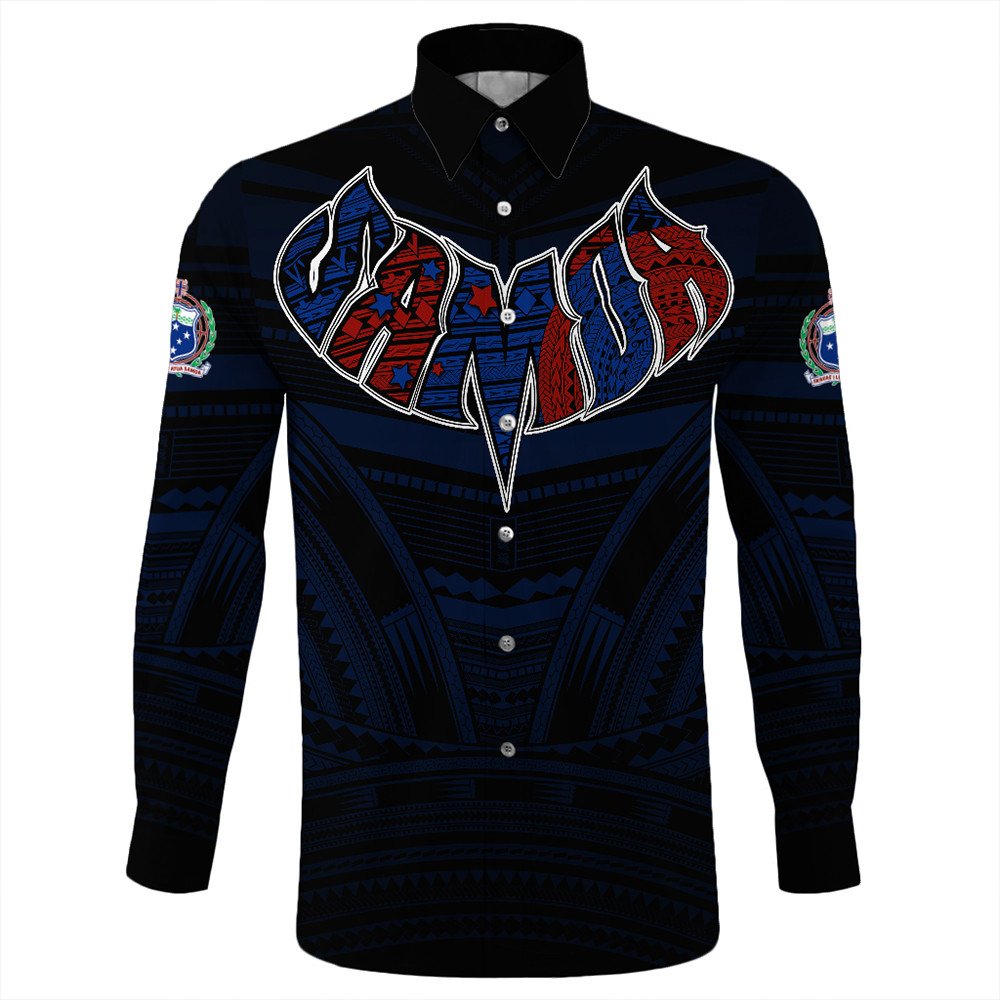 Black unisex long-sleeve button shirt, front view, navy tribal stripes and chest graphic