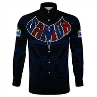 Black unisex long-sleeve button shirt, front view, navy tribal stripes and chest graphic