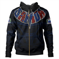 Black zip-front hoodie with oversized tribal “Samoa” design across chest and sleeves