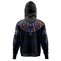 Black zip hoodie back view with hood; large tribal “Samoa” graphic on upper back