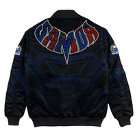 Black bomber jacket back with large red-blue tribal print and ribbed hem