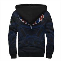 Black unisex sherpa hoodie, back view with tribal blue pattern and black hood