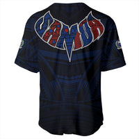 Dark blue/black baseball jersey back with large Polynesian crest graphic