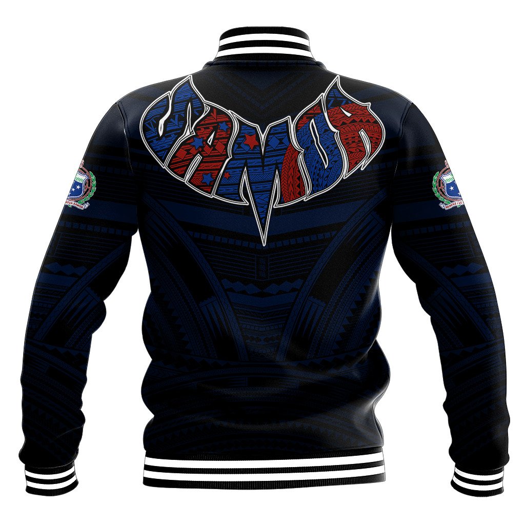 Black unisex baseball jacket back view with large Polynesian graphic and striped rib hem