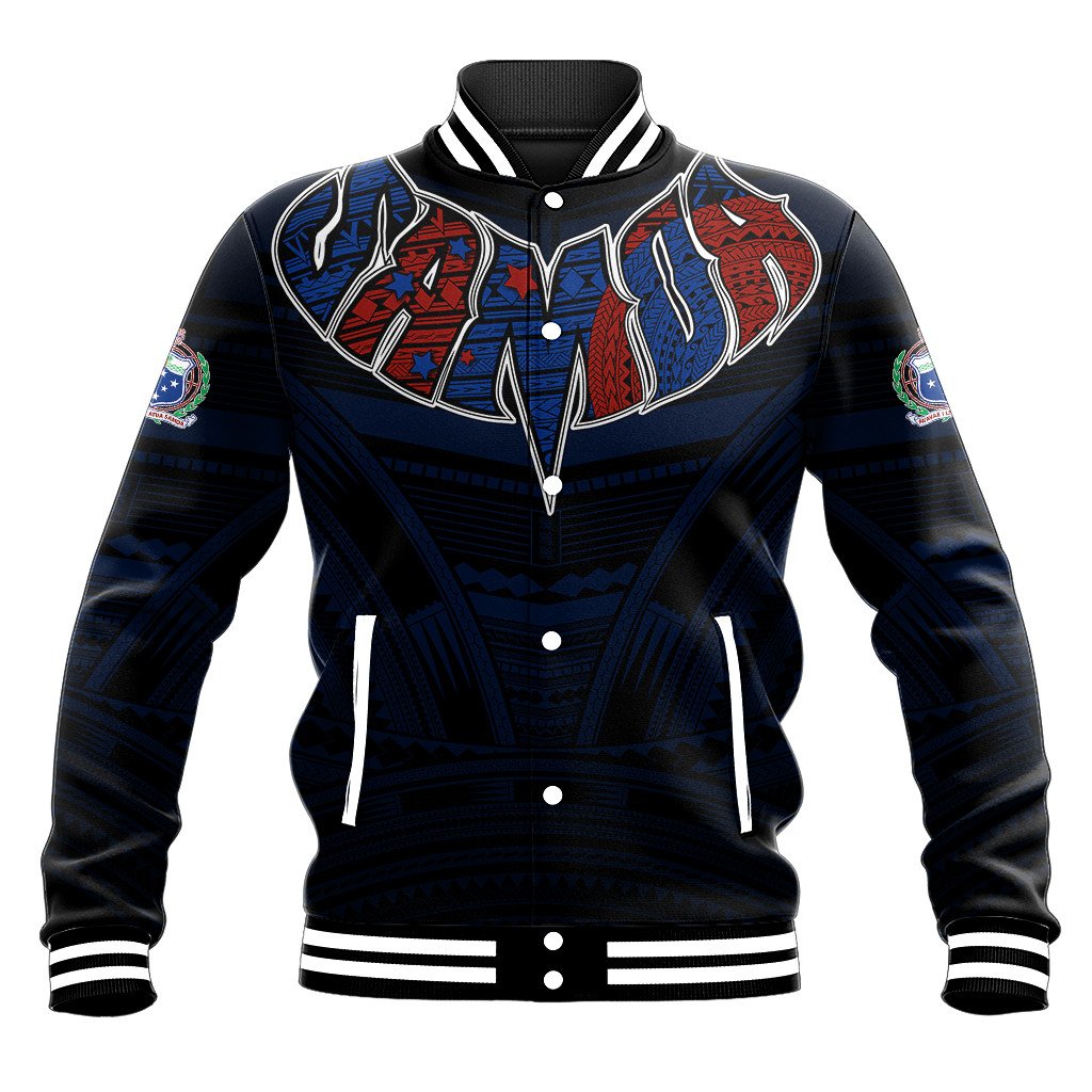 Black unisex baseball jacket with bold Polynesian graphic, snap button front, striped cuffs