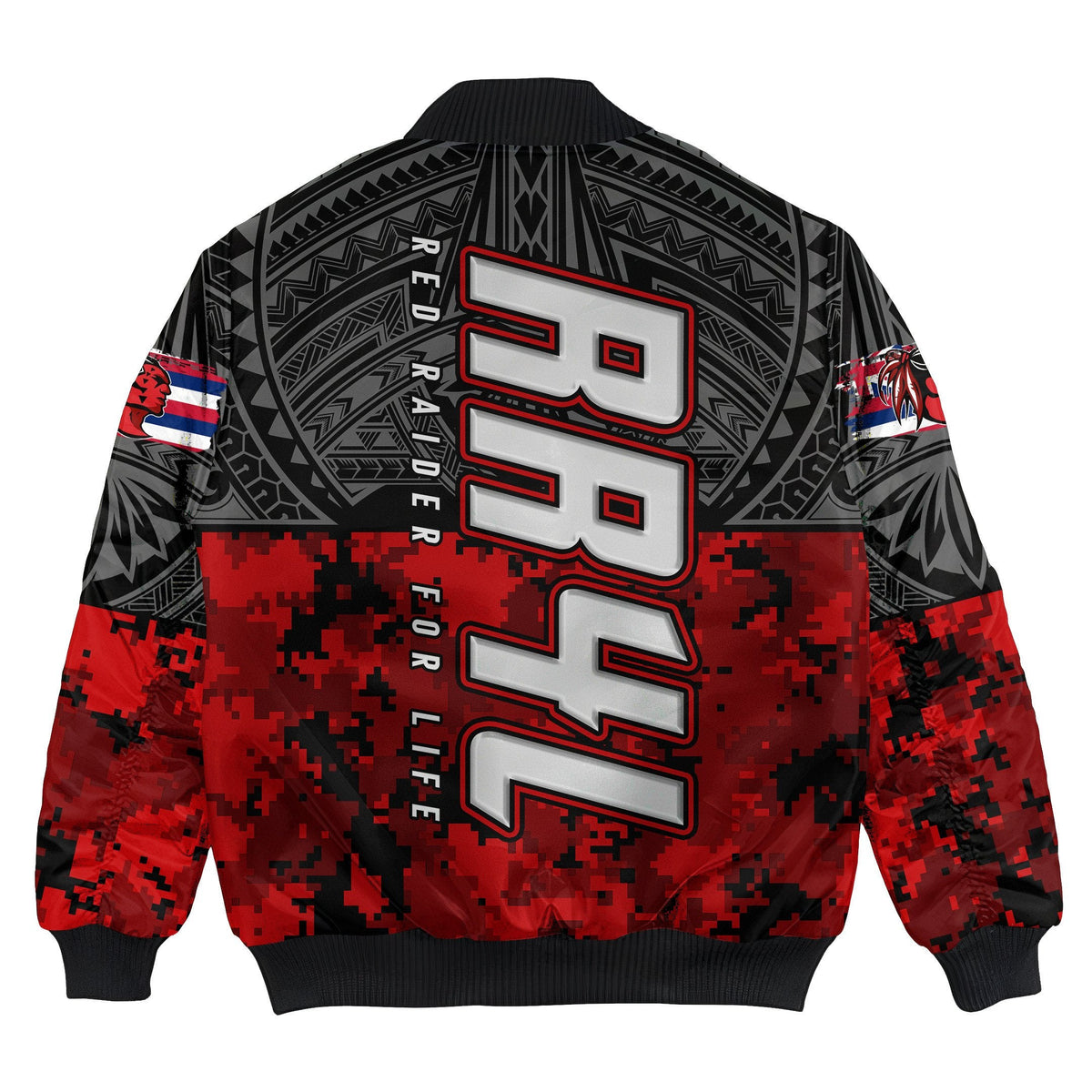 Unisex black red bomber jacket back view with large KAHUKU logo and tribal pattern