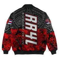 Unisex black red bomber jacket back view with large KAHUKU logo and tribal pattern
