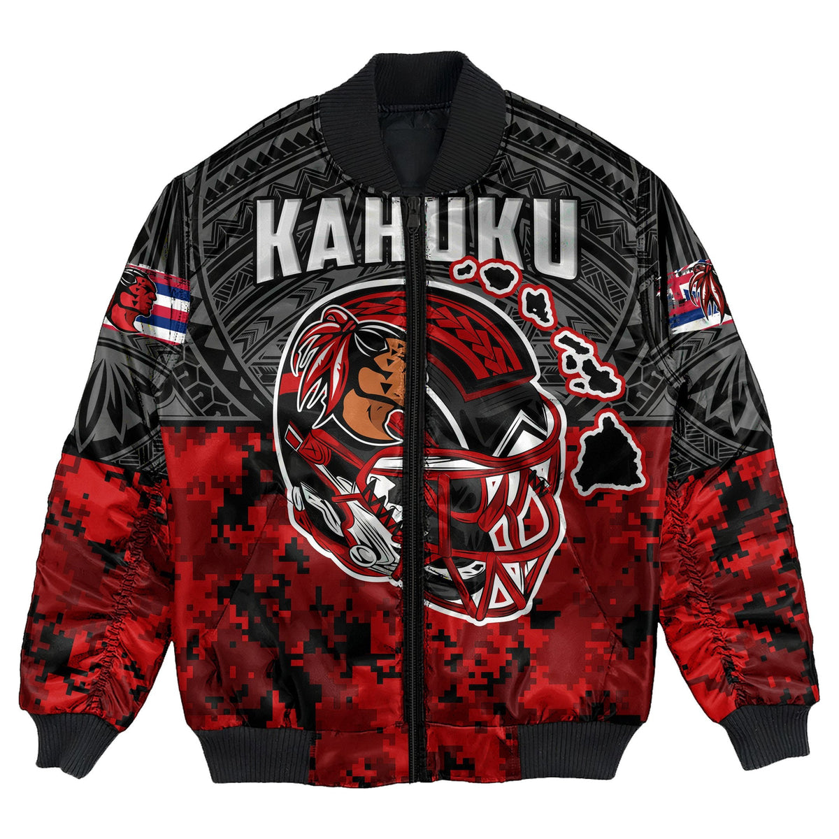 Unisex black red bomber jacket with front zipper and Polynesian face tribal graphic