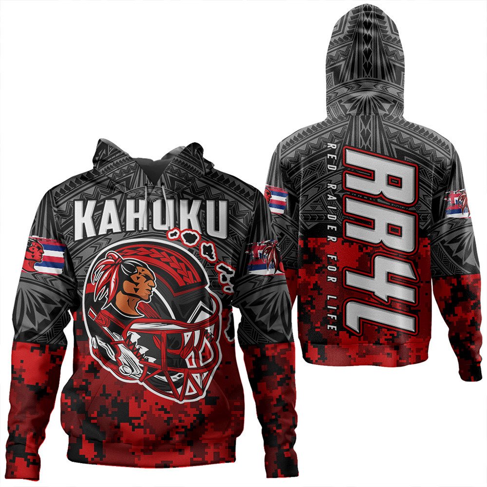 Black pullover hoodie, red digital camo and tribal graphics; front and back shown