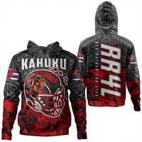 Black pullover hoodie, red digital camo and tribal graphics; front and back shown
