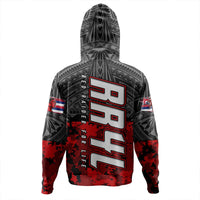 Black pullover hoodie with red-and-gray back print and tribal pattern, full back view