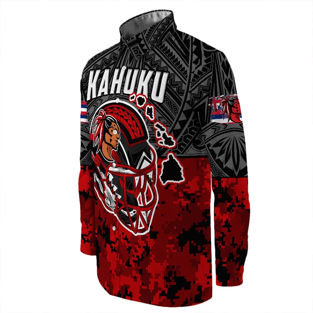 Red and black long-sleeve shirt, Kahuku graphic on back with patterned sleeves.