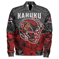 Red and black unisex zip bomber jacket with large front graphic and patterned sleeves