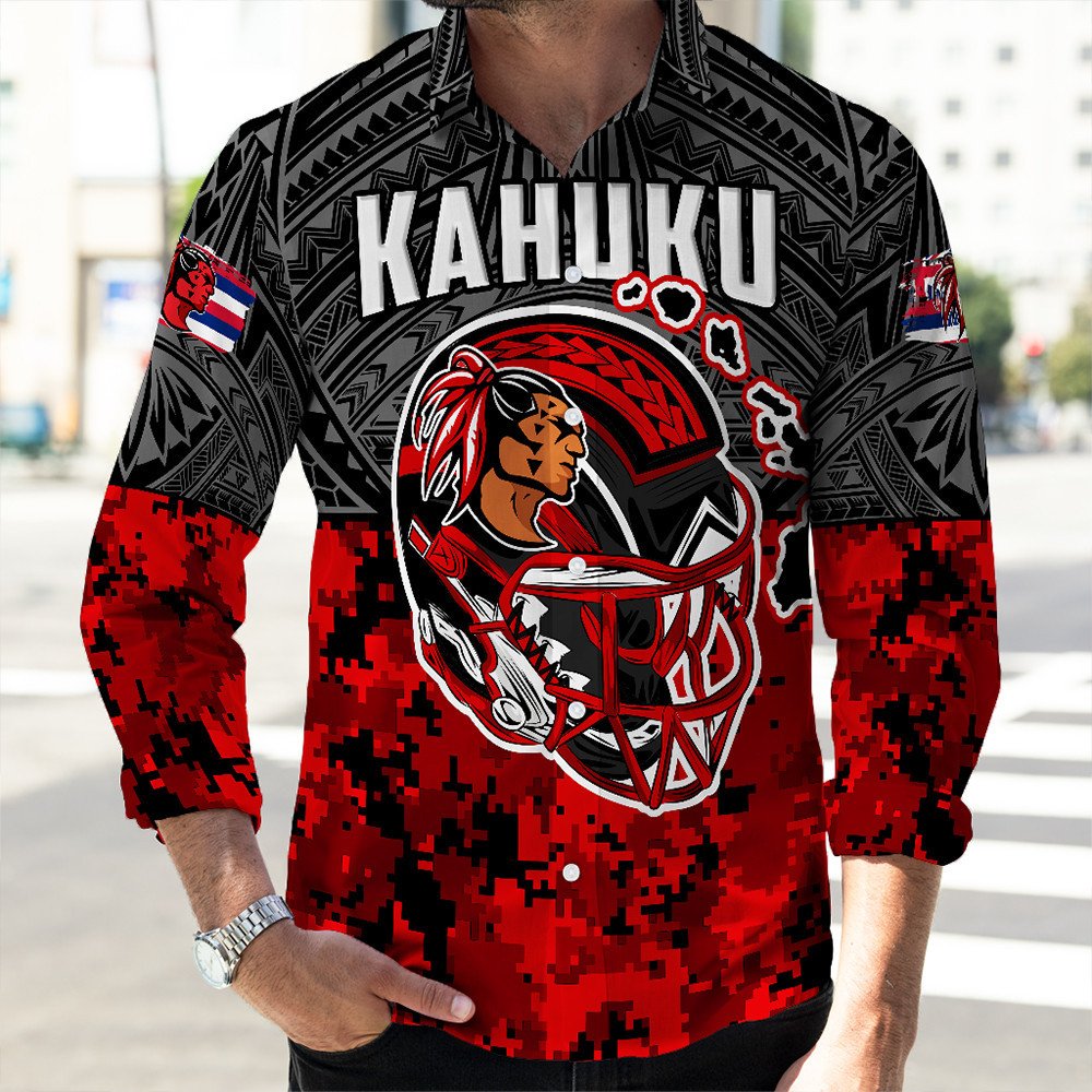 Red and black long-sleeve button shirt with tribal pattern and Kahuku graphic.