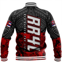 Back black/red baseball jacket, tribal pattern, large red-outlined lettering, striped hem