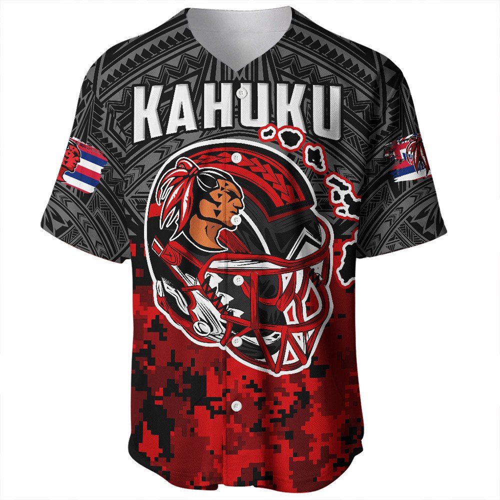 Black/red baseball jersey with tribal pattern, raider head graphic and 'KAHUKU' text