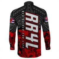 Red and black long-sleeve button shirt with large RED RAIDER lettering on back.