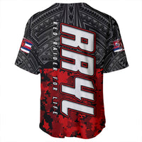 Black/red camo baseball jersey with large back number graphic and vertical RAIDER text