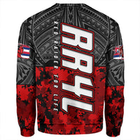 Black sweatshirt back with large red digital camo and Kahuku text graphic