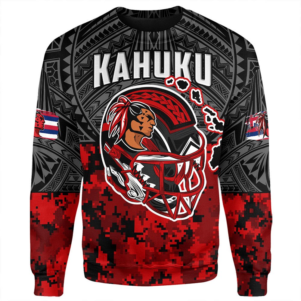 Black sweatshirt with red digital camo and Kahuku graphic on front
