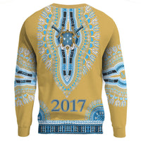 Mustard dashiki sweatshirt with 2017 text and blue-gold panel graphic