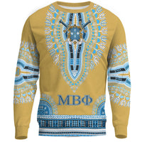 Mustard crewneck dashiki sweatshirt with blue-gold chest emblem and MBΦ text